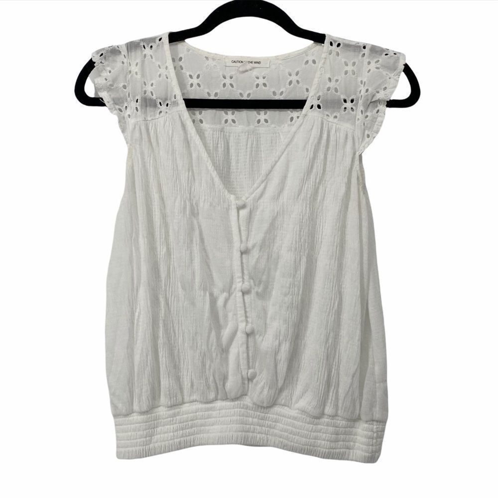 Caution to the Wind White Eyelet Detail Top‎
